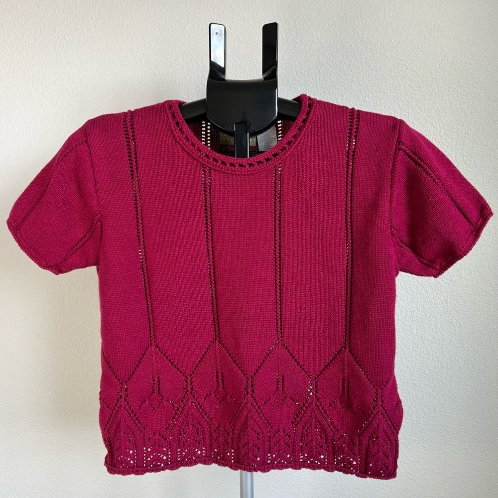 Liz Claiborne Lizwear Knit Top Short Sleeve Pink Crochet Vintage Y2K Cottagecore